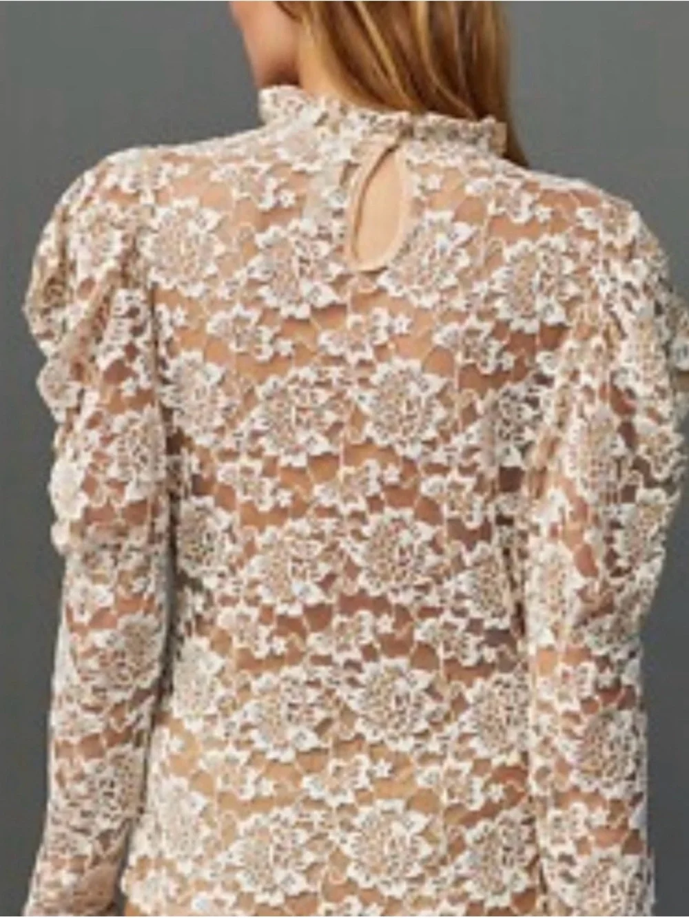 Anthropologie Lace Floral Long-Sleeve Sheer Top - Cream